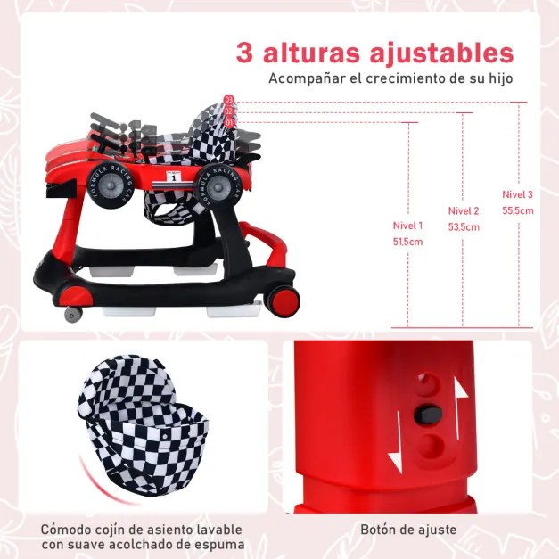 Andador 4 em 1 para crianças, dobrável, atividade de empurrar, com altura ajustável e carrilhão de velocidade com luzes, volante Vermelho