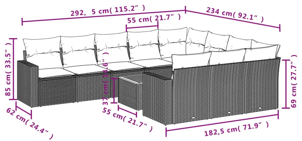 11 pcs conjunto sofás de jardim c/ almofadões vime PE bege