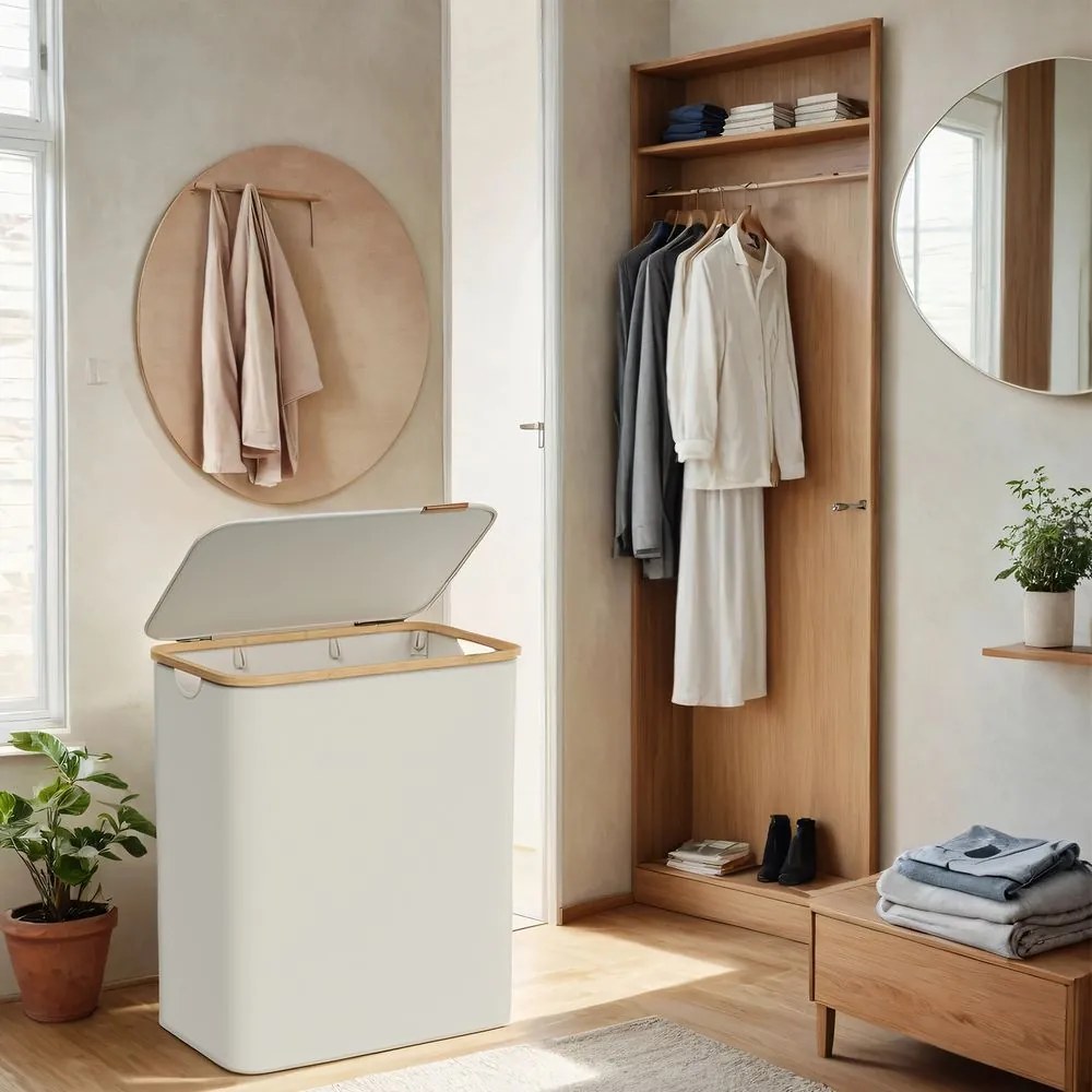 Cesto de bambu para roupa suja de 150 litros com 3 compartimentos 60 x 38,5 x 70,5 cm branco