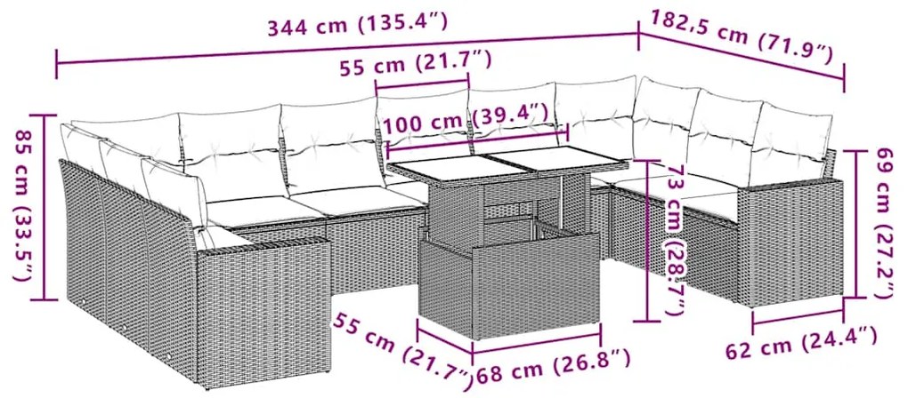 11 pcs conjunto sofás de jardim c/ almofadões vime PE preto