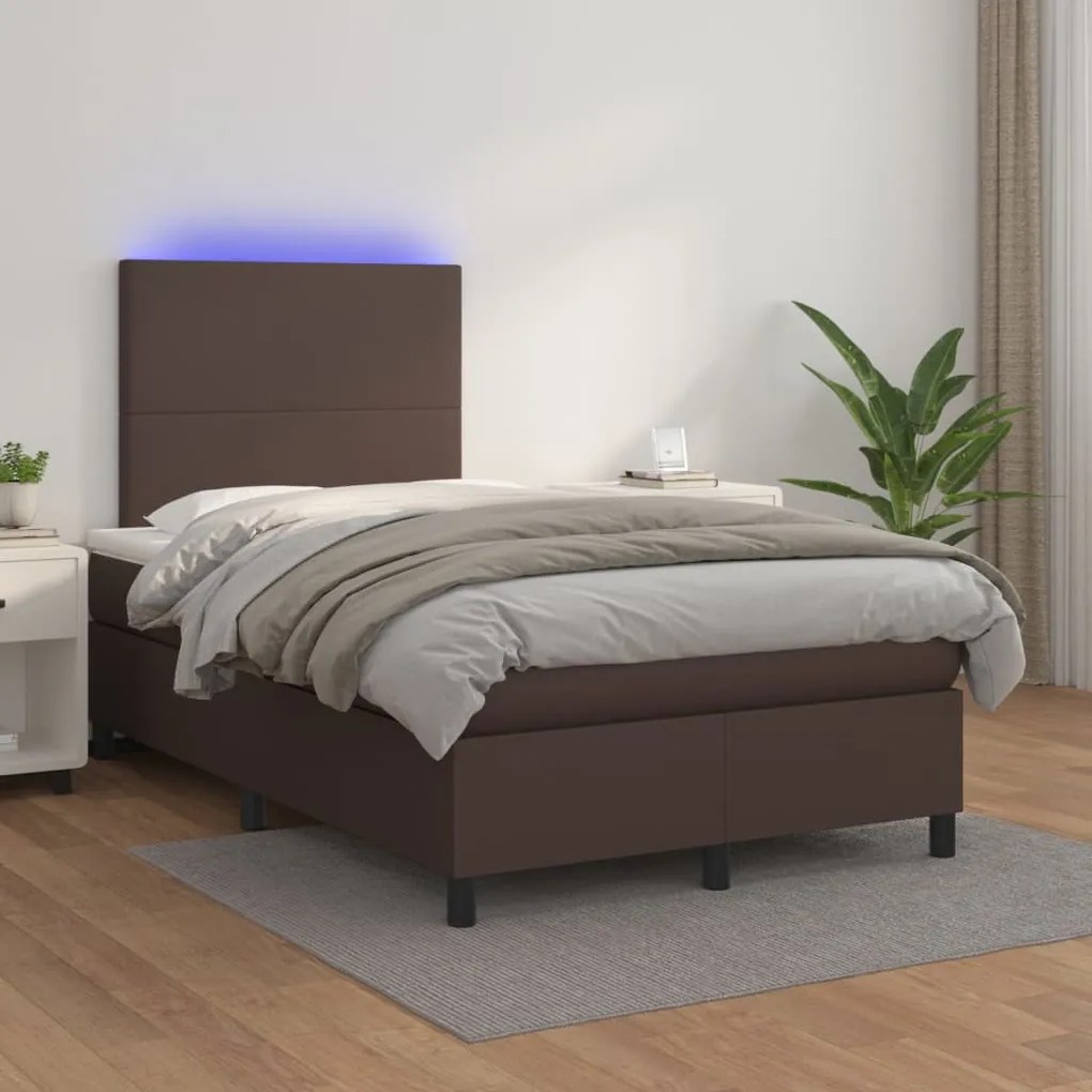 vidaXL Cama box spring c/ colchão/LED 120x200 cm couro artif. castanho