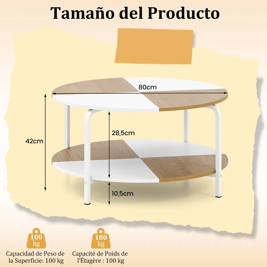 Mesa redonda de centro 80 cm de 2 níveis com prateleira e estrutura metálica Branco e Natural
