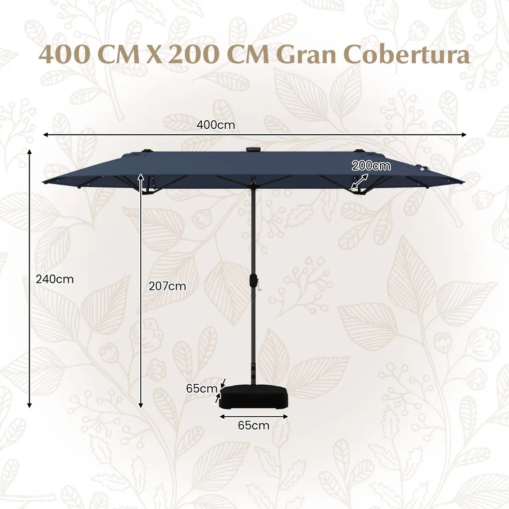 Guarda-sol jardim Duplo 4 x 2 m com Luzes Solares com base e Manivela Azul Marinho
