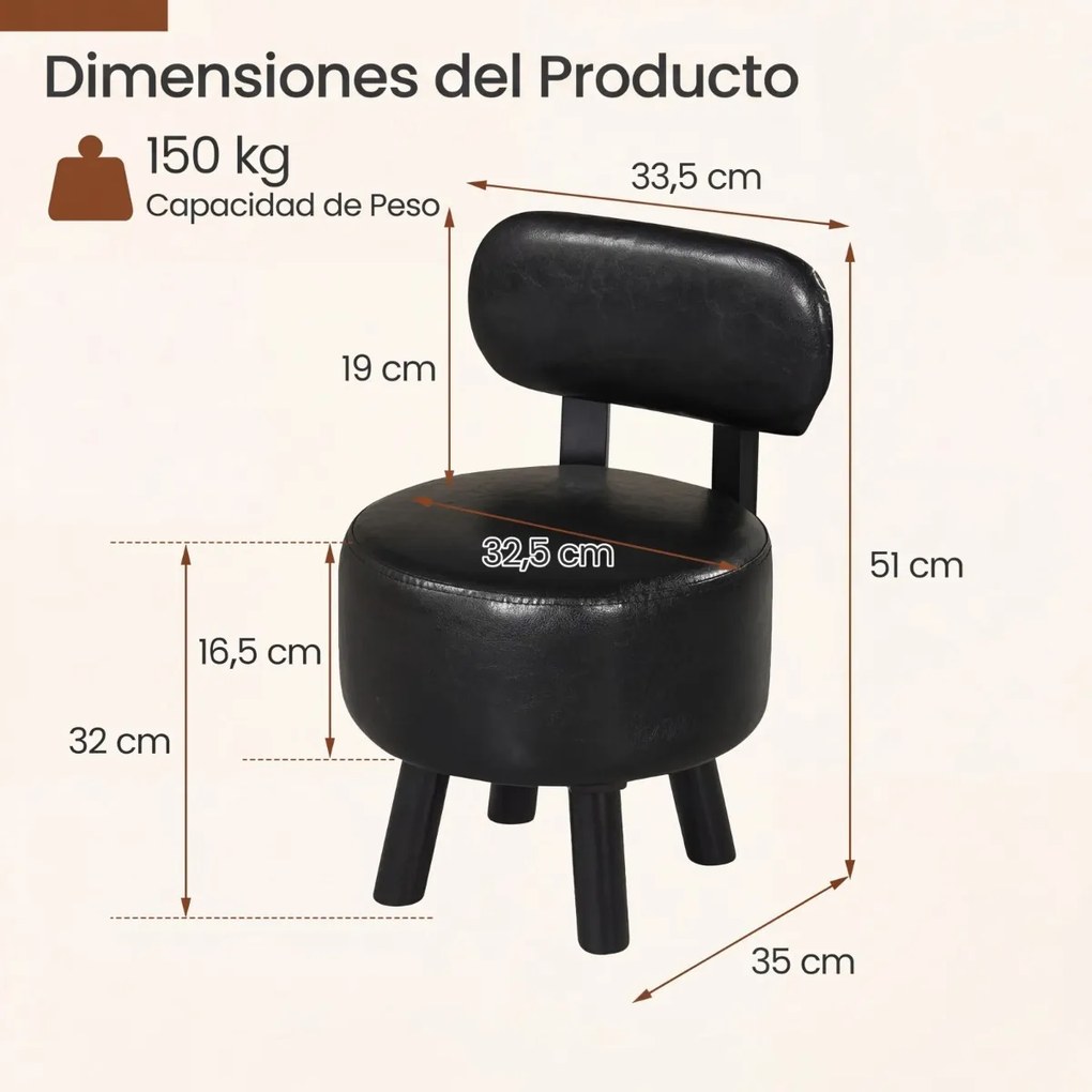 Conjunto de 2 bancos baixos redondos estofados com encosto 32,5 x 35 x 51 cm, pés de madeira, borracha e espuma espessa para sofá, entrada ou sala de