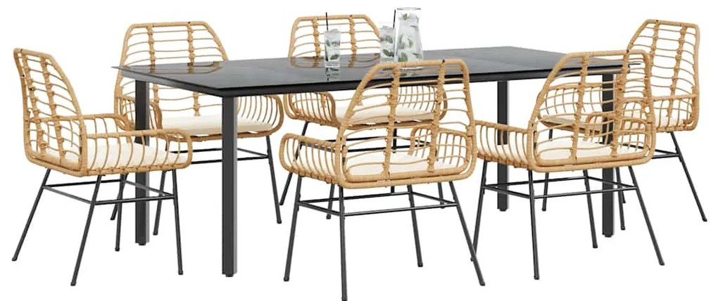 Conjunto jantar jardim 7 peças almofadas vidro vime PE castanho
