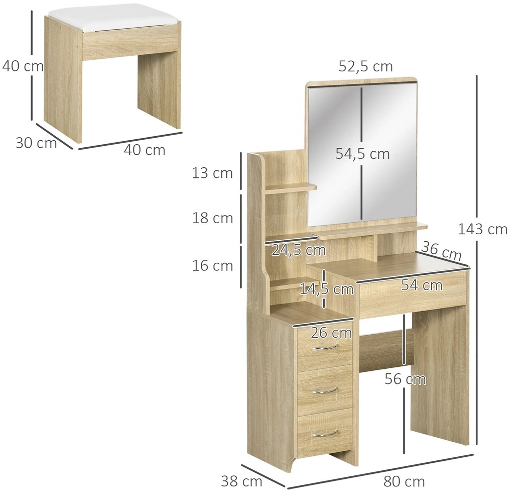 Toucador de Maquilhagem com Banco Espelho 4 Gavetas 4 Compartimentos de Armazenamento Estilo Moderno 80x38x143 cm Madeira