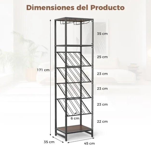 Garrafeira de vinho vertical 45 x 35 x 171 cm alta para 16 garrafas com suportes para copos 3 prateleiras abertas para sala de jantar Bar em casa Pret