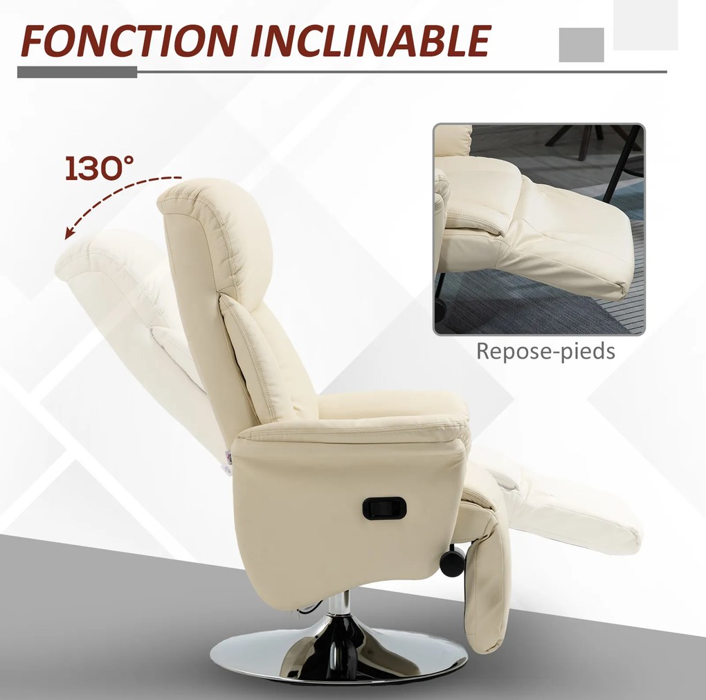 Poltrona de relaxamento reclinável e giratória com apoio para os pés ajustável, até 150 kg, para sala de estar, quarto, home cinema, cor creme