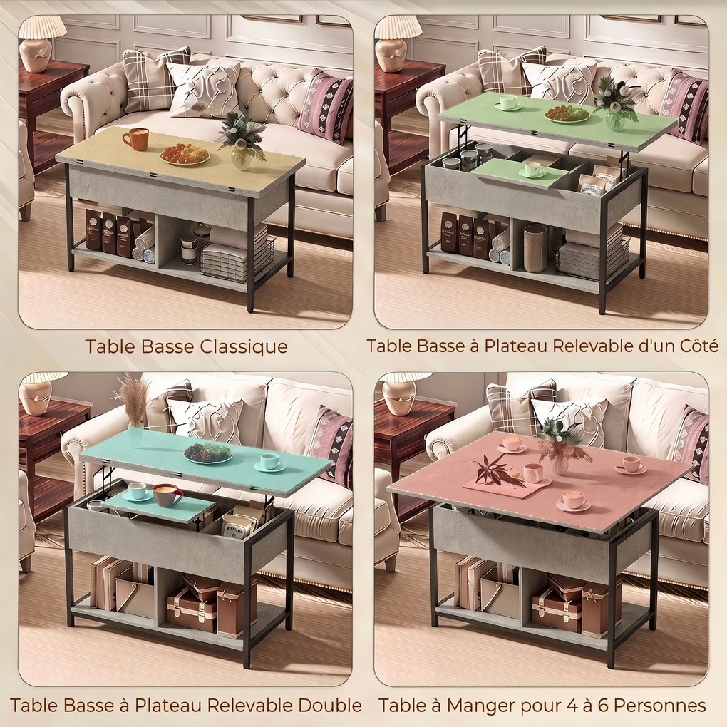 Mesa de centro elevável e extensível 98 x 49 x 55 cm,, com compartimento oculto e prateleiras abertas, cinzenta