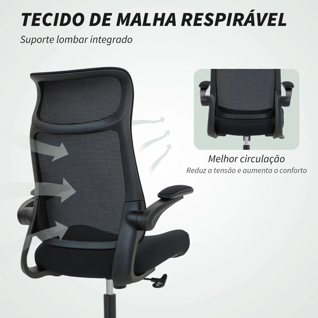 Cadeira de Escritório Ergonómica com Suporte Lombar e Apoios de Braços 3D Dobráveis Função de Basculante 64x65x108-118 cm Preto