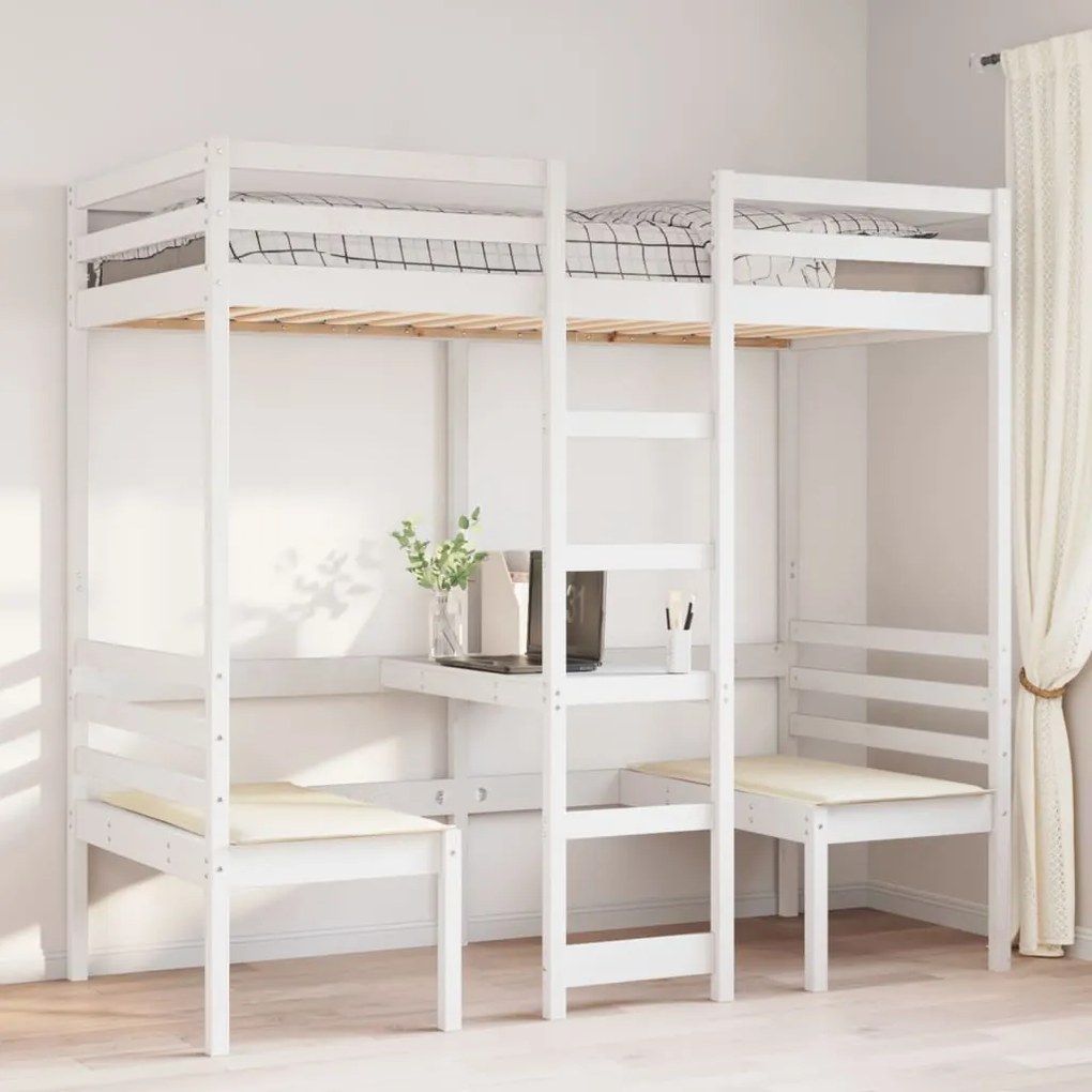 Cama alta c/ secretária/cadeiras 90x190 cm pinho maciço branco