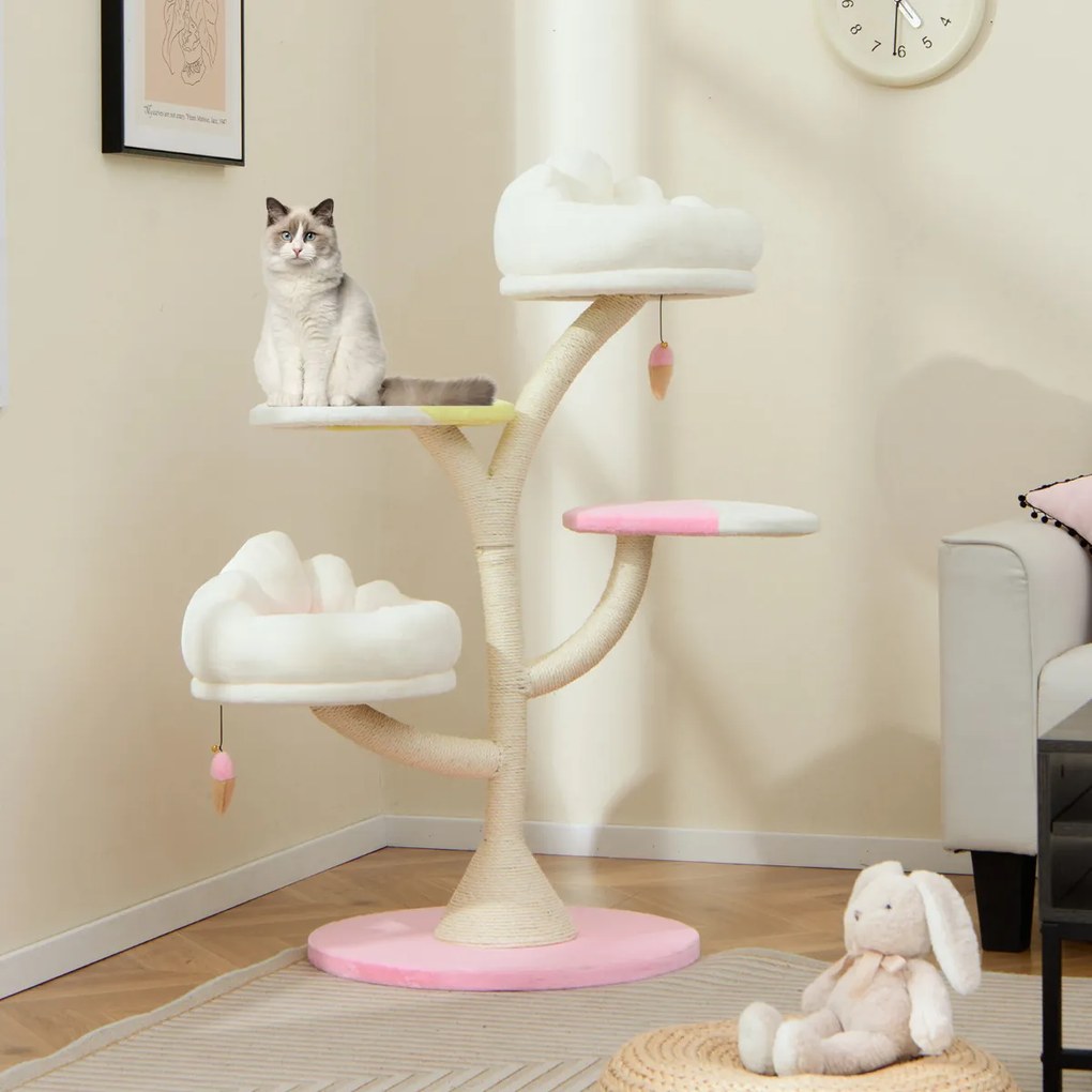 Arranhador para gatos com 2 poleiros 2 plataformas Bolas suspensas Centro de actividades Rosa