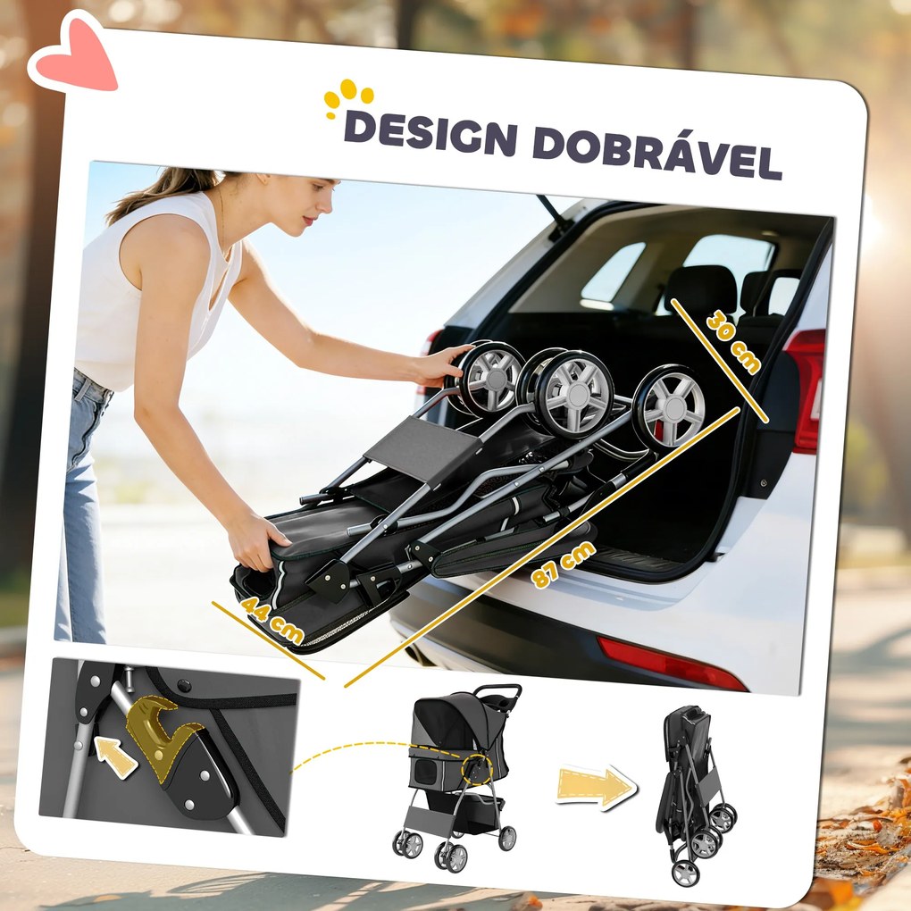 Carrinho Dobrável para Cães Pequenos com Cesta de Armazenamento, Suportes para Copos e Almofada Lavável 77x44x102 cm Cinzento Escuro