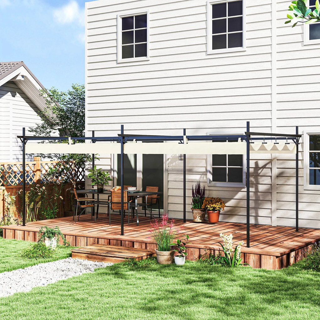 Pérgola com Teto Retrátil de Alumínio 588x297x230 cm com Tecido de Poliéster Anti UV Pérgola de Jardim Creme