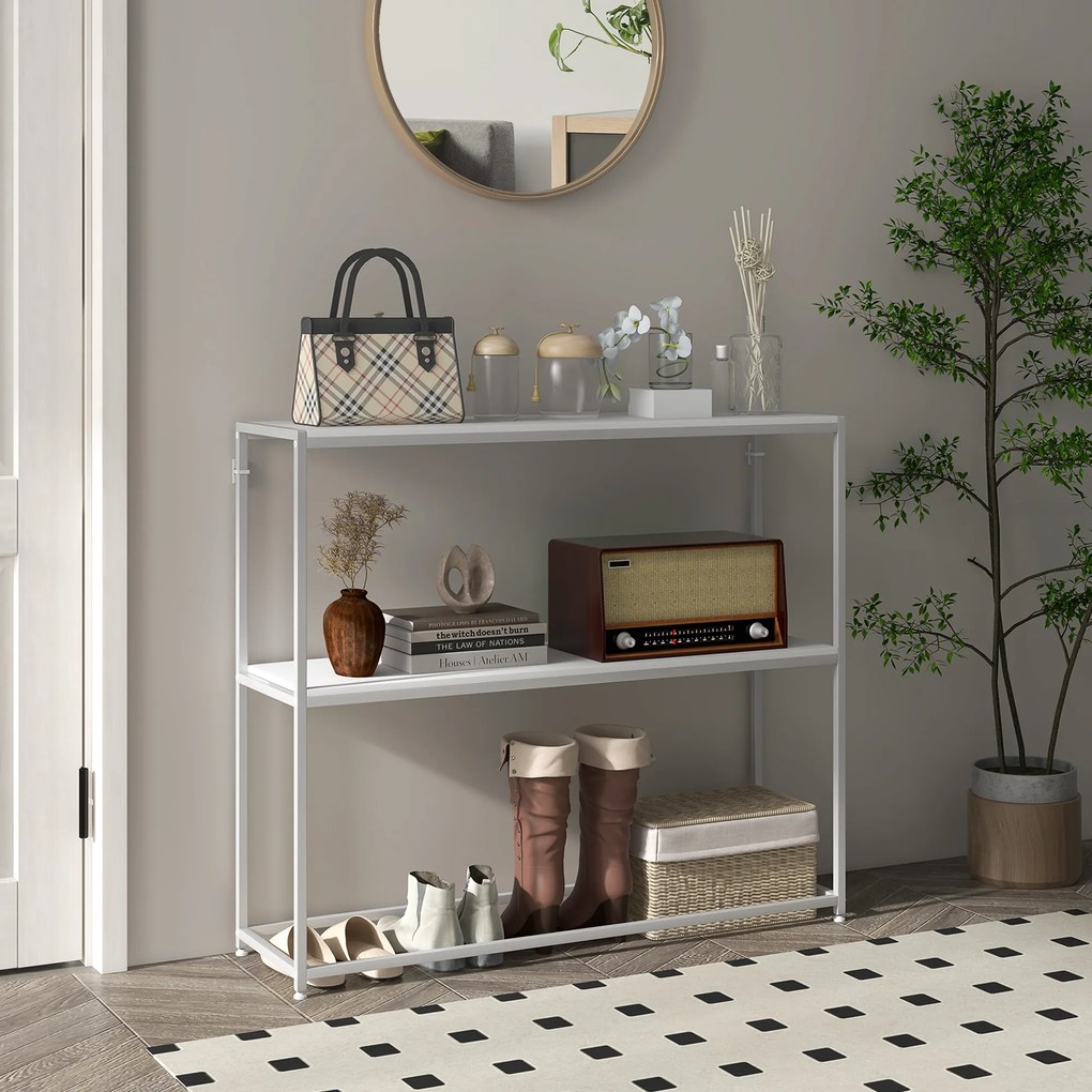 Mesa Consola de Entrada Mesa de Entrada com Estante Aberto e Estrutura de Aço Anti-tombo para Sala 100x30x87 cm Branco
