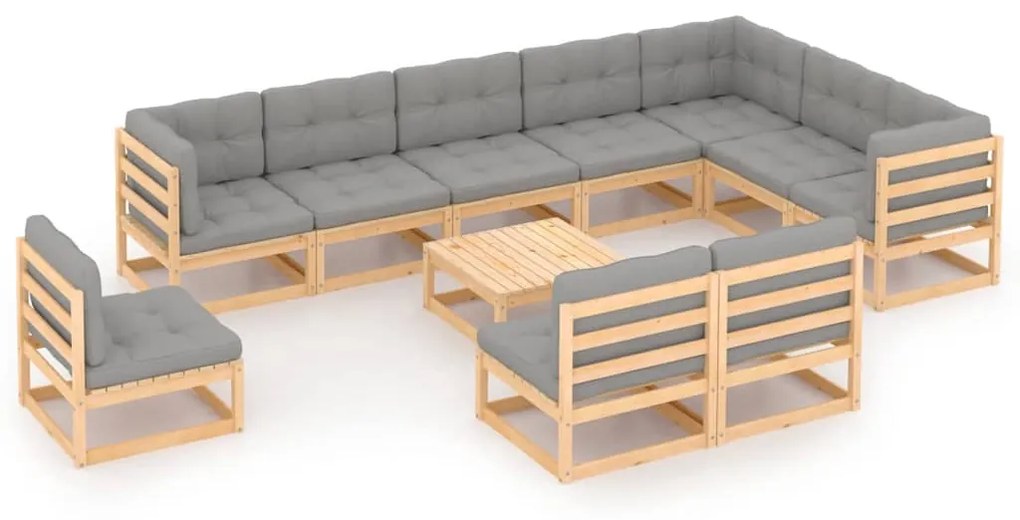 11 pcs conjunto lounge de jardim c/ almofadões pinho maciço