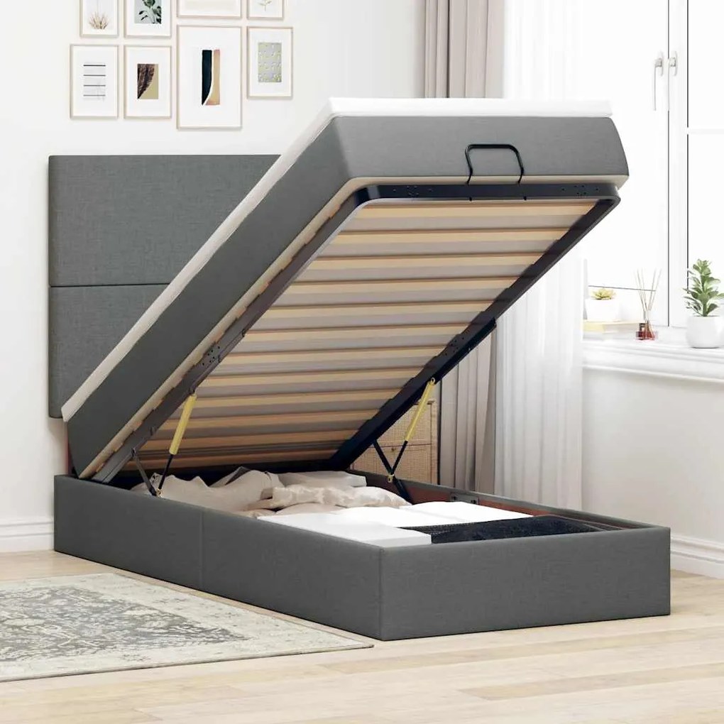 Cama otomana com colchão & LEDs 90x200cm tecido cinzento escuro