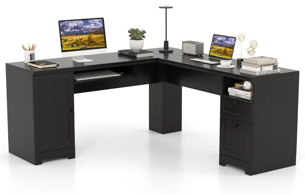Secretaria computador de canto em L com gavetas e bandeja para teclado para escritorio 168 x 168 x 76 cm Preto