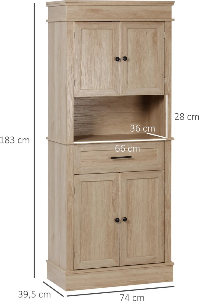 Armário de Cozinha com 4 Portas 1 Gaveta e Prateleira Aberta para Sala de Estar Sala de Jantar 74x39,5x183cm cor Carvalho