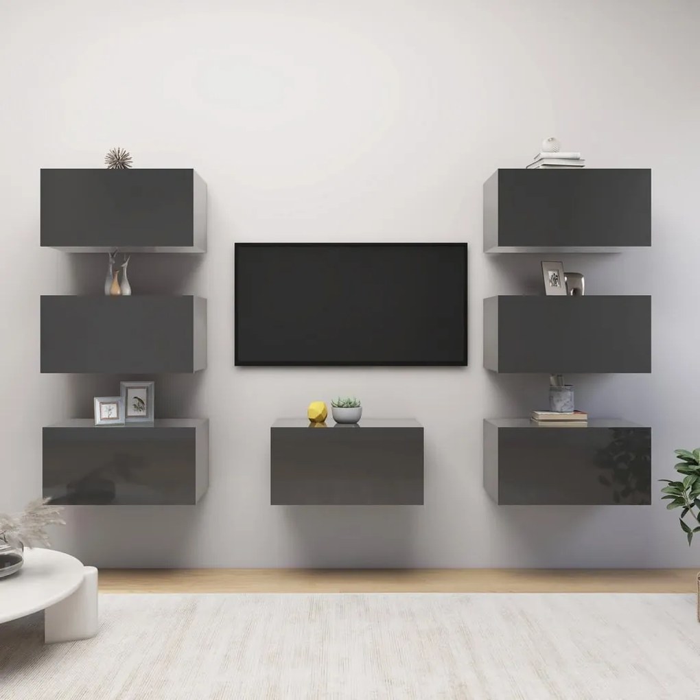 vidaXL Móveis de TV 7 pcs 30,5x30x60 cm contraplacado cinzento brilhante