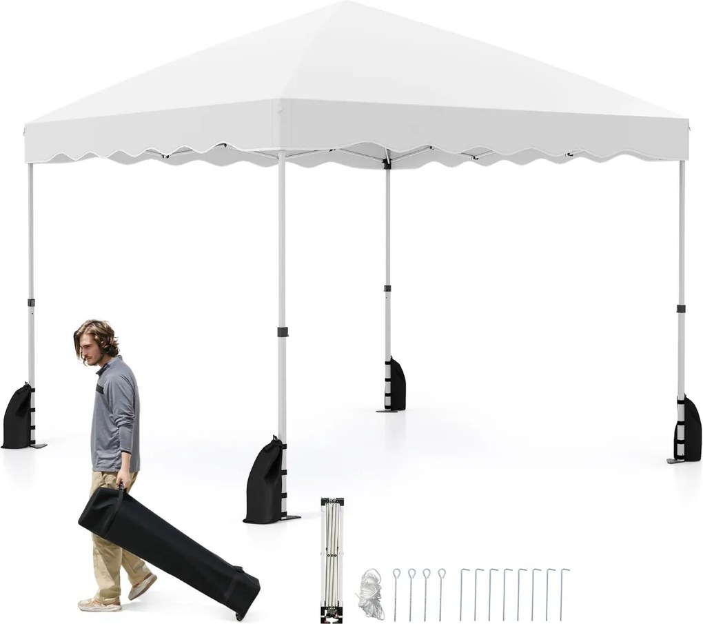 Tenda 300 x 300 x 266-286 cm Portátil com 8 Estacas, 4 Âncoras, 4 Cordas de Vento e 4 Sacos de Areia, eventos, festas Branca