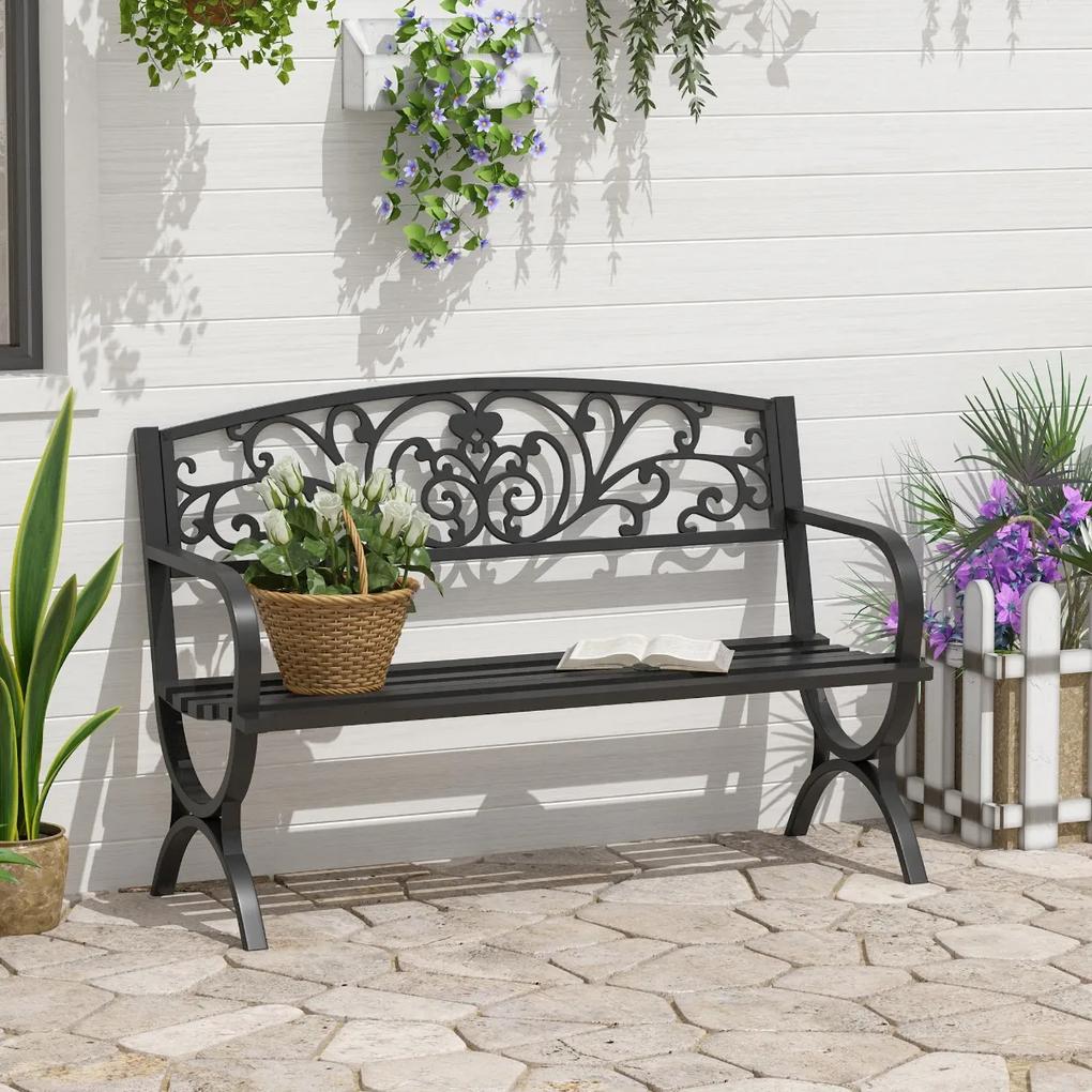 Outsunny Banco de jardim de 2 lugares Banco de terraço de ferro com design clássico Floral padrão 127x60x85cm preto