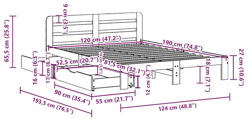 Cama sem colchão 120x190 cm madeira pinho maciça castanho-mel