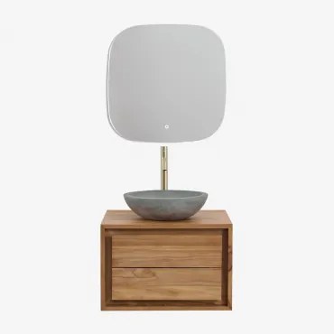 Conjunto De Móveis De Banheiro Em Madeira De Teca Jabari Madeira De Teca & Cimento Cinzento Redondo Ø40 Cm Tarsis & Quadrado Led - Sklum