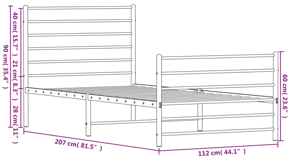 Estrutura de cama com cabeceira e pés 107x203 cm metal branco