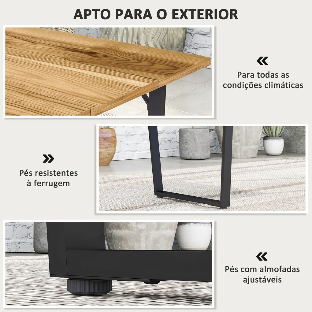 Mesa de Refeição para Jardim Retangular 175x80x75 cm com Orifício para Chapéu de Sol e Bancada em Ripas Madeira