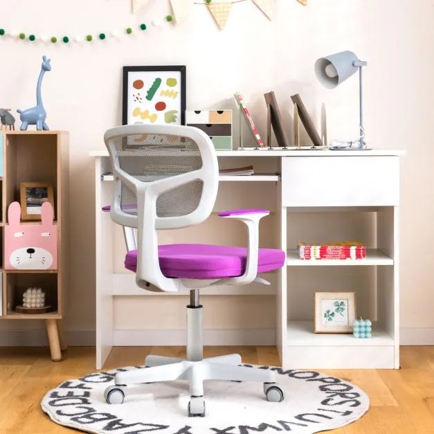 Cadeira de secretária ergonómica para crianças com rodas Cadeira giratória para computador Apoio lombar ajustável em altura Violeta