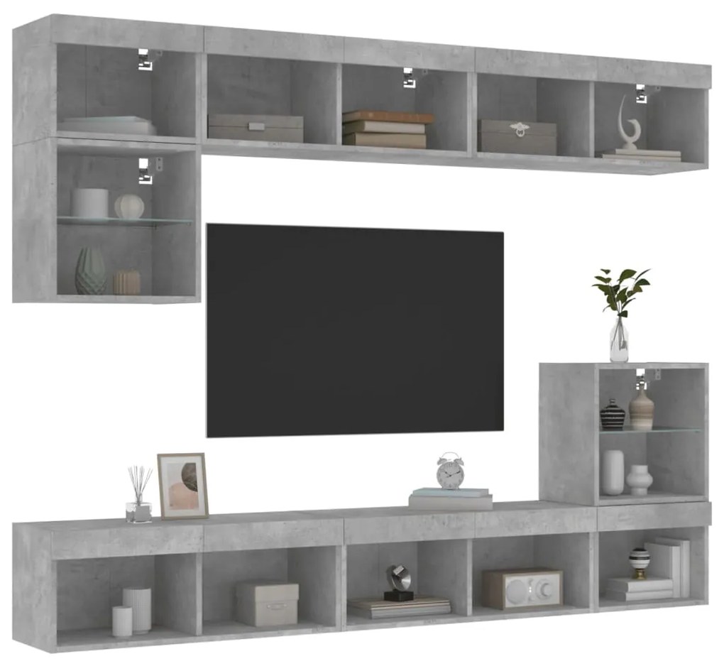 vidaXL 8 pcs móveis parede p/ TV c/ LEDs deriv. madeira cinza cimento