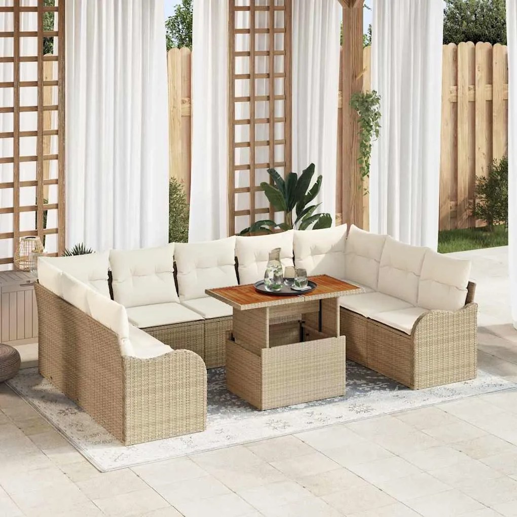 vidaXL Conjunto de sofá de jardim com 10 peças e almofadas bege em rattan sintético