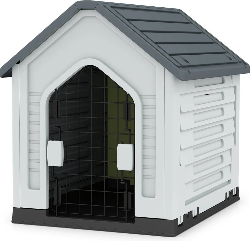 Casota para cães 66,5 x 52 x 60 cm com porta metálica com fechadura e telhado inclinado Boa ventilação para interior e exterior cinzento