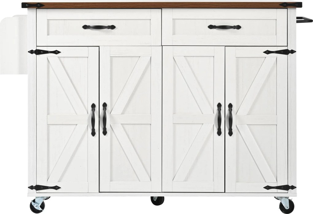 Ilha de cozinha com tampo rebatível, com 4 portas e 2 gavetas, 140x45/73x92 cm, Branco
