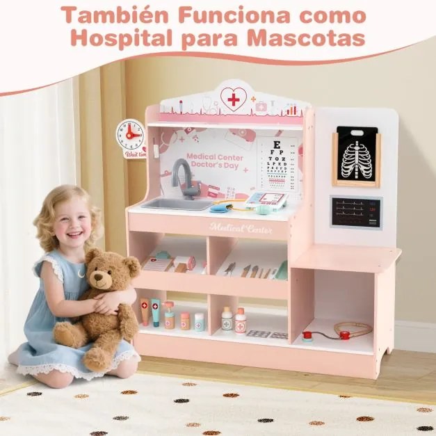 Hospital de brincar infantil com 24 acessórios Relógio Torneira Lavatório Monitor ECG para crianças a partir dos 3 anos 97 x 30,5 x 88 cm Rosa