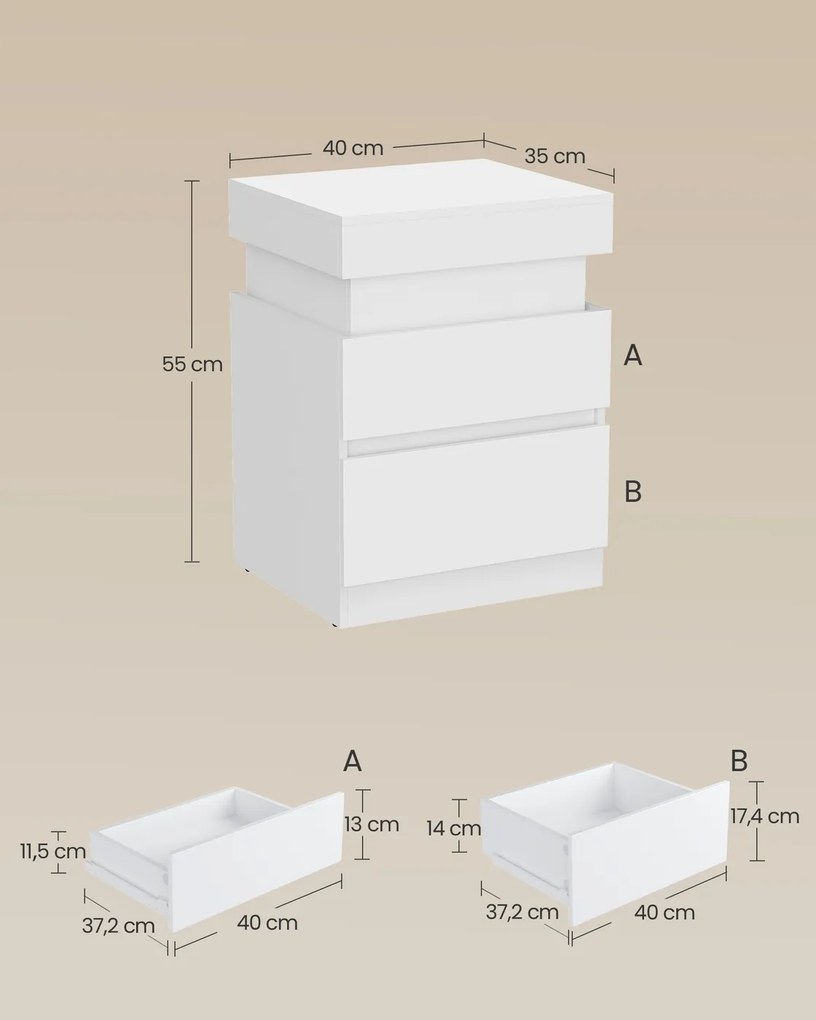 Mesa de cabeceira 35 x 40 x 55 cm com tomadas e iluminação LED Coleção Kailyn branca