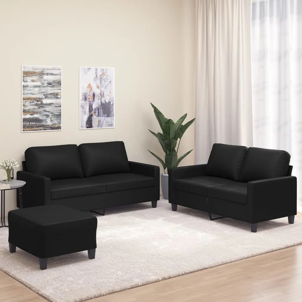 vidaXL 3 pcs conjunto de sofás com almofadões couro artificial preto