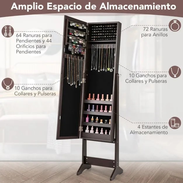 Armário para joias com espelho de corpo inteiro 35 x 30 x 144 cm e 3 ângulos ajustáveis Organizador de joias 2 em 1 Castanho