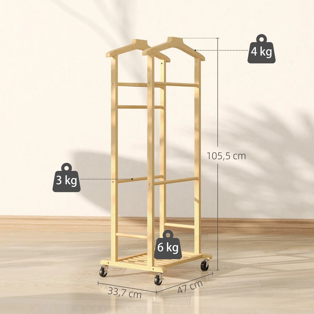 Cabide de Pé de Bambu Cabide com Rodas Suportes para Roupas Barras para Calças Bandeja e Sapateira  47x33,7x105,5 cm Madeira