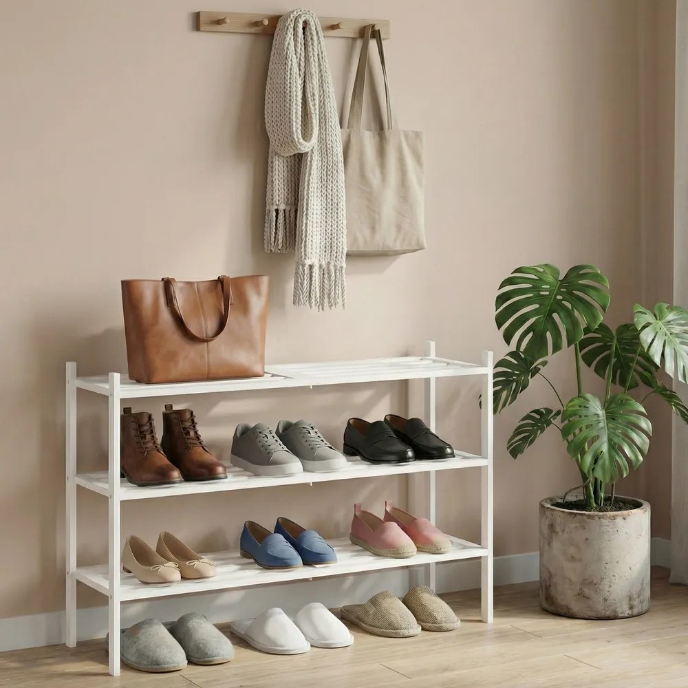 Sapateira para sapatos em bambu 25 x 70 x 51,5 cm, estante empilhável com 3 níveis Branco
