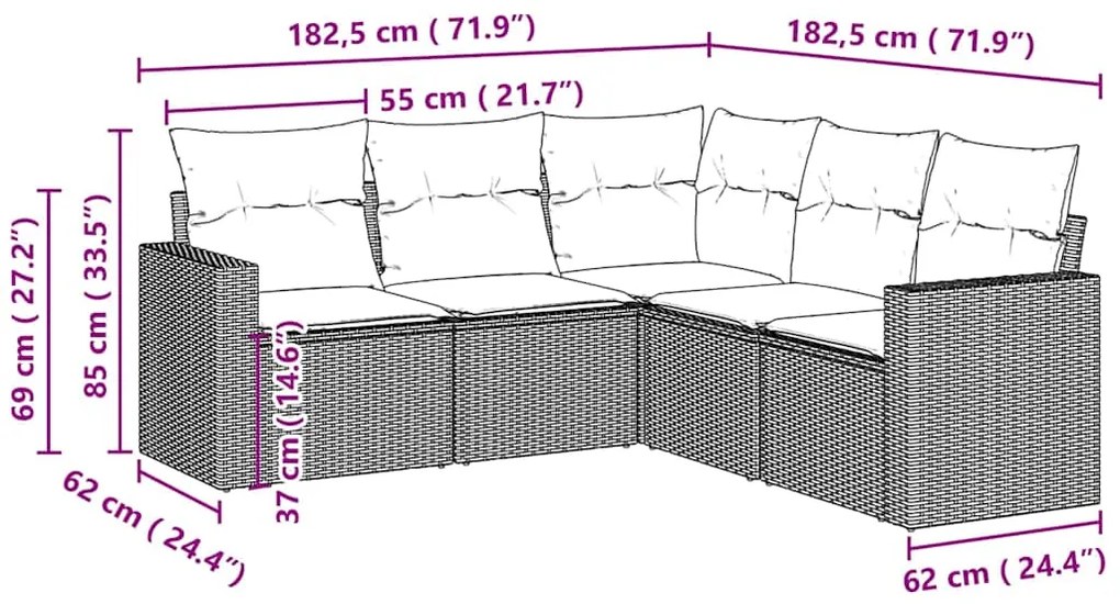5 pcs conj. sofás jardim c/ almofadões vime PE cinzento-claro