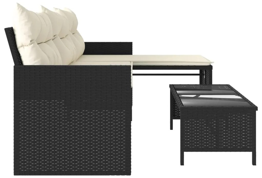 Sofá de jardim em forma de L c/ mesa e almofadões vime PE preto