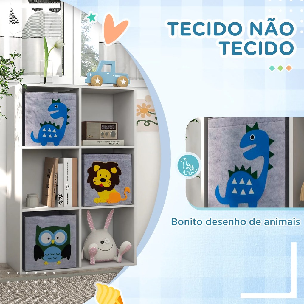 Estante para Brinquedos com 6 Compartimentos e 3 Caixas de Tecido não Tecido e Desenho de Animais 62x30x92cm Branco e Cinza