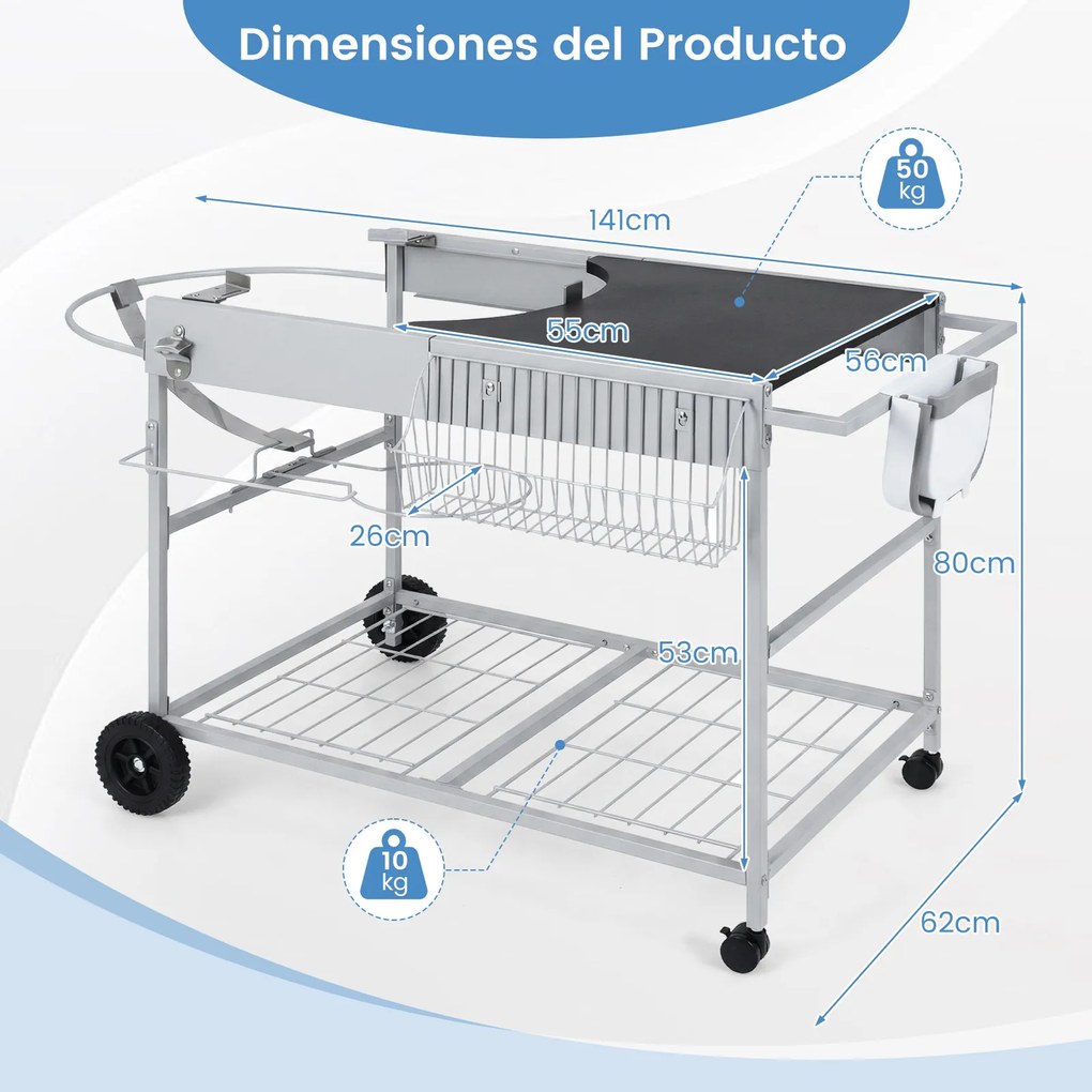 Carrinho de churrasco 141 x 62 x 80 cm para grelhadores de 18“ e 22” com bancada ampla, grelha metálica, cesto para rolos e caixote do lixo para jardi