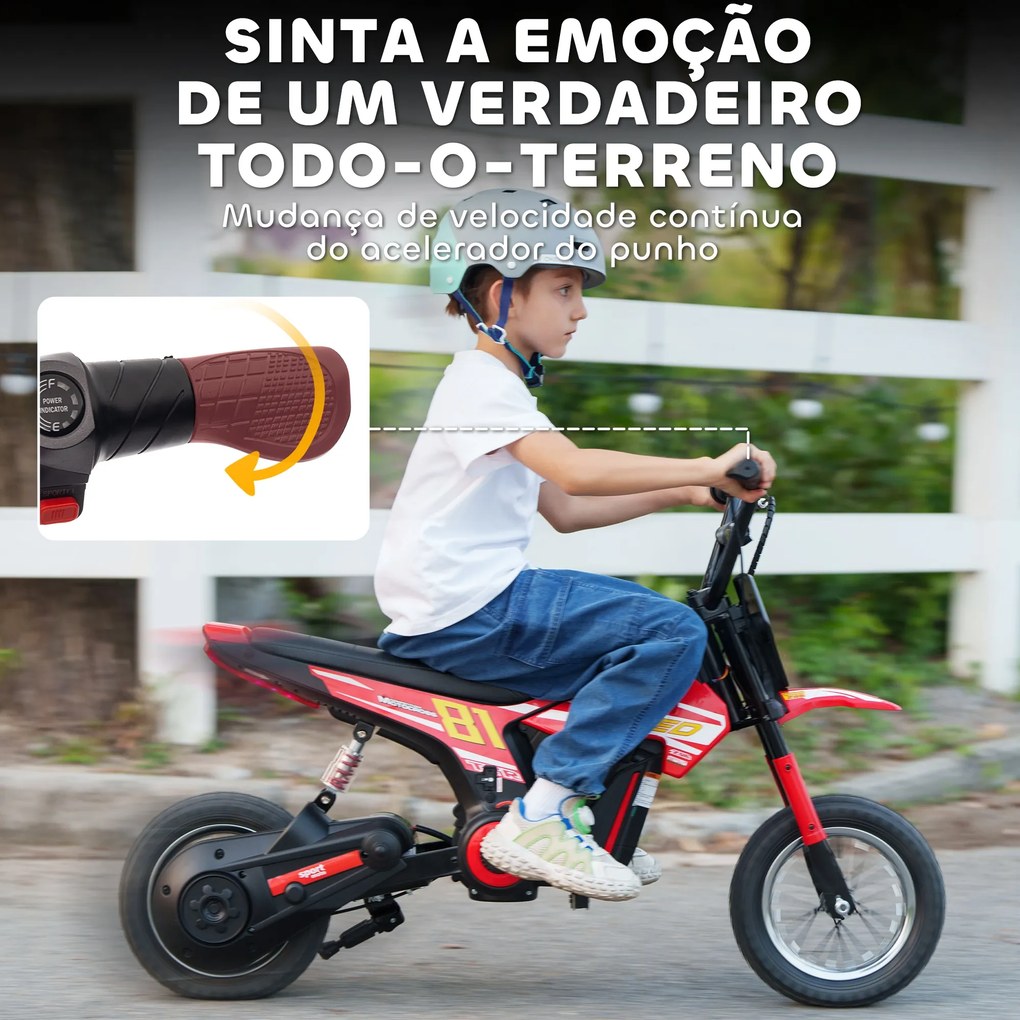 Mota Elétrica para Crianças 24V com Motor 250W Velocidade de 6-16km/h Rodas de 30,5 cm para Crianças de 8-12 Anos Vermelho