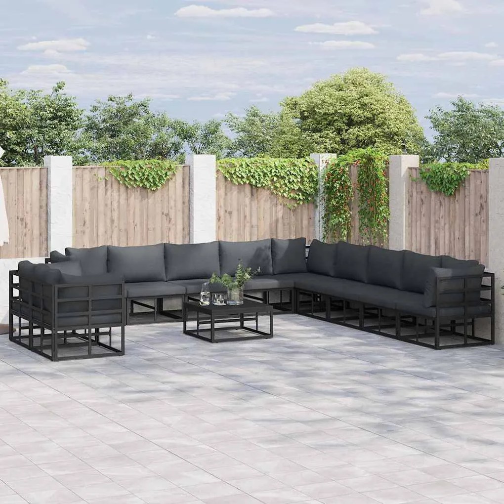 Conjunto de Sofá de Jardim com almofada 12 pcs Preto Alumínio