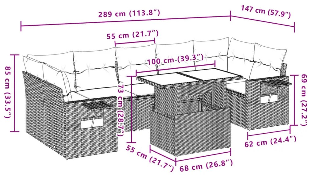 8 pcs conjunto sofás de jardim c/ almofadões vime PE castanho