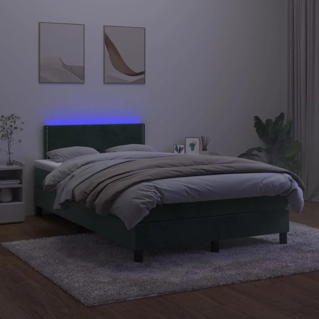 Cama box spring c/ colchão/LED 120x200 cm veludo verde-escuro