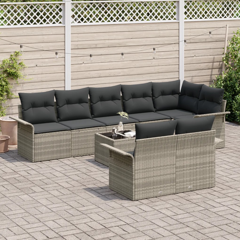 Conjunto de Sofá de Jardim 9 Peças com Almofadas Cinzento Vime PE